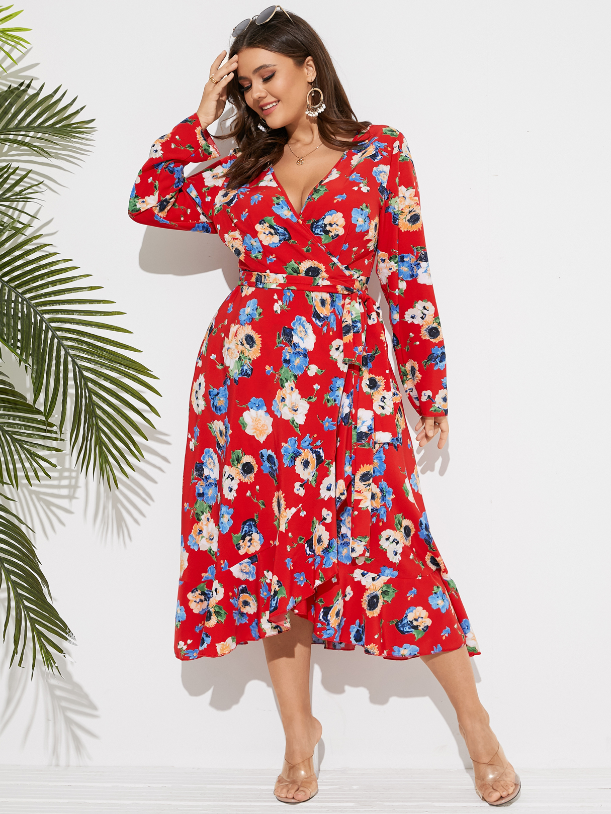 Plus Size Floral Print Belt Design Long Sleeves Dress