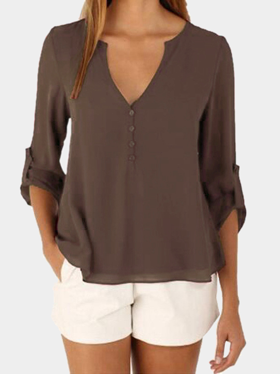 Coffee V-neck Long Sleeves Irregular Hem Top