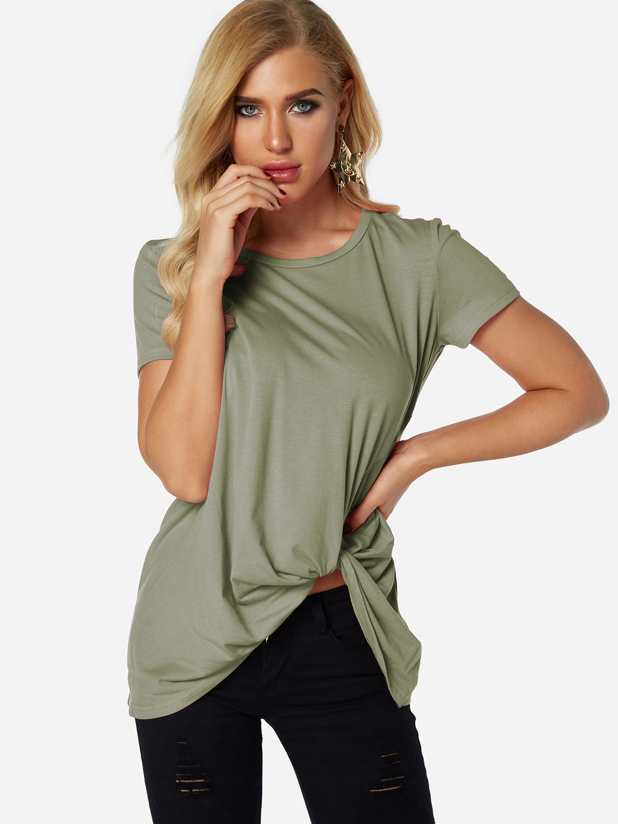 Green Pleated Design Round Neck Short Sleeves T-shirts