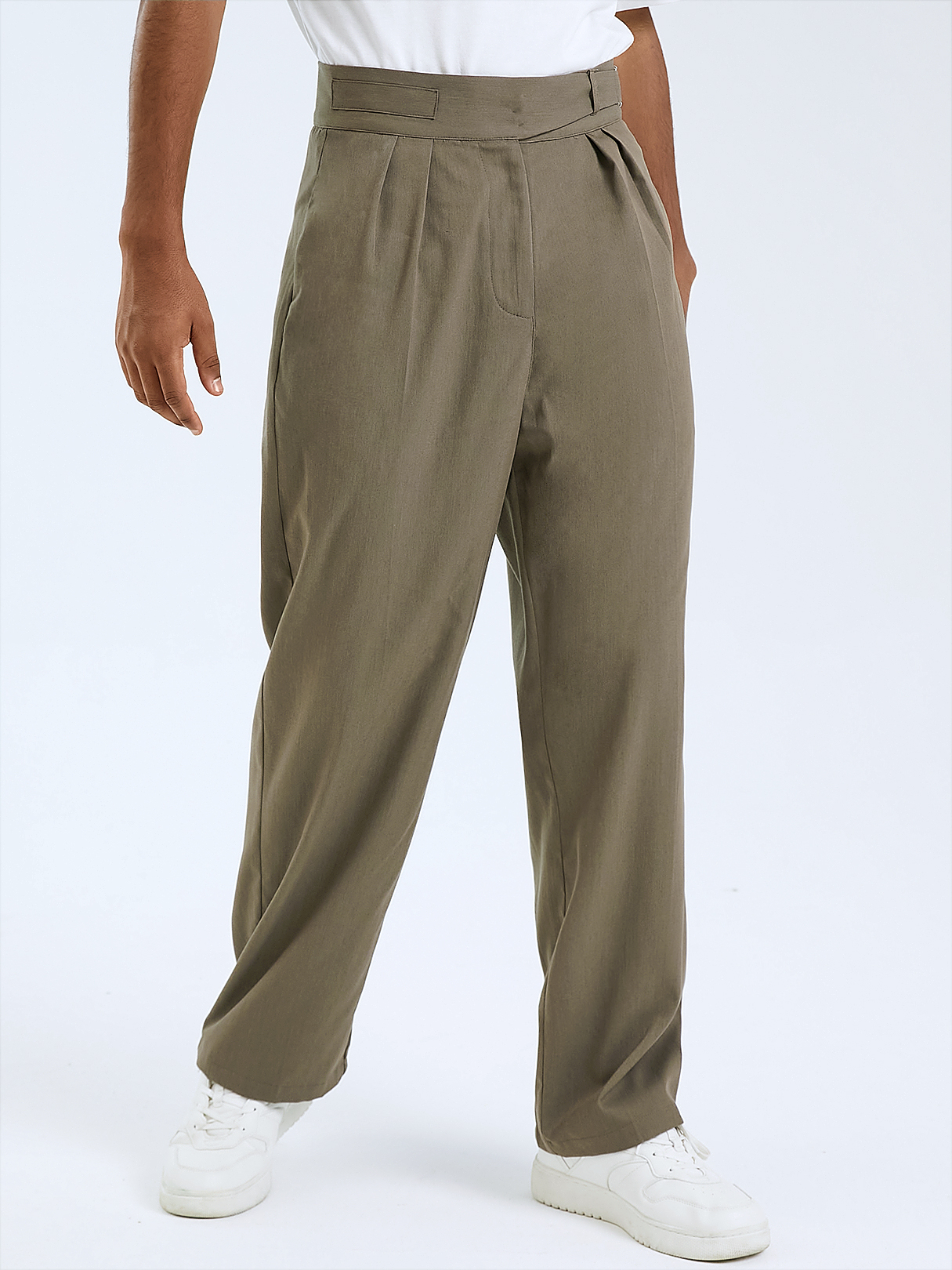 Men Fashion Pleated Button Design Straight Leg High Waist Casual Pants
