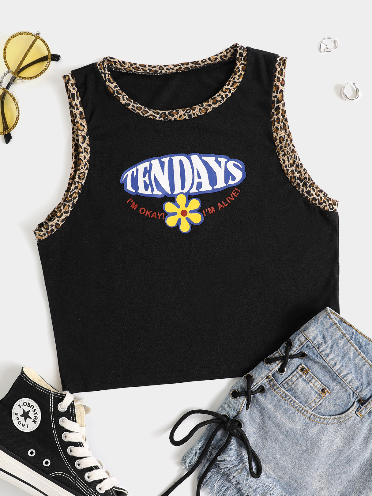 YOINS Leopard Patchwork Letter Flower Print Crew Neck Sleeveless Tank Top
