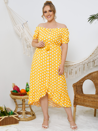 YOINS Plus Size Button Design Drawstring Short Sleeves Midi Dress