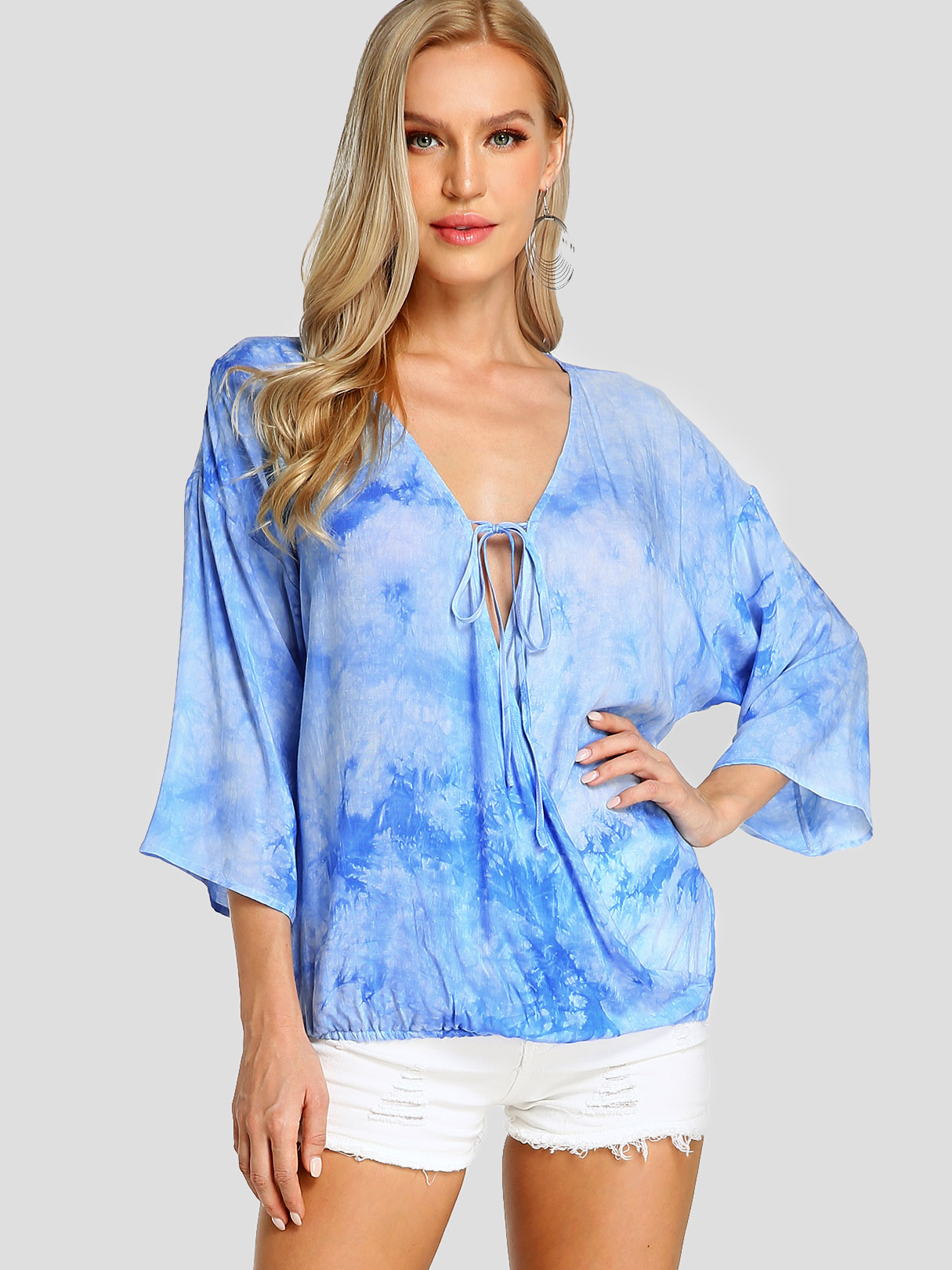 Blue Tie-Dye Crossed Front Design Deep V Neck Blouse