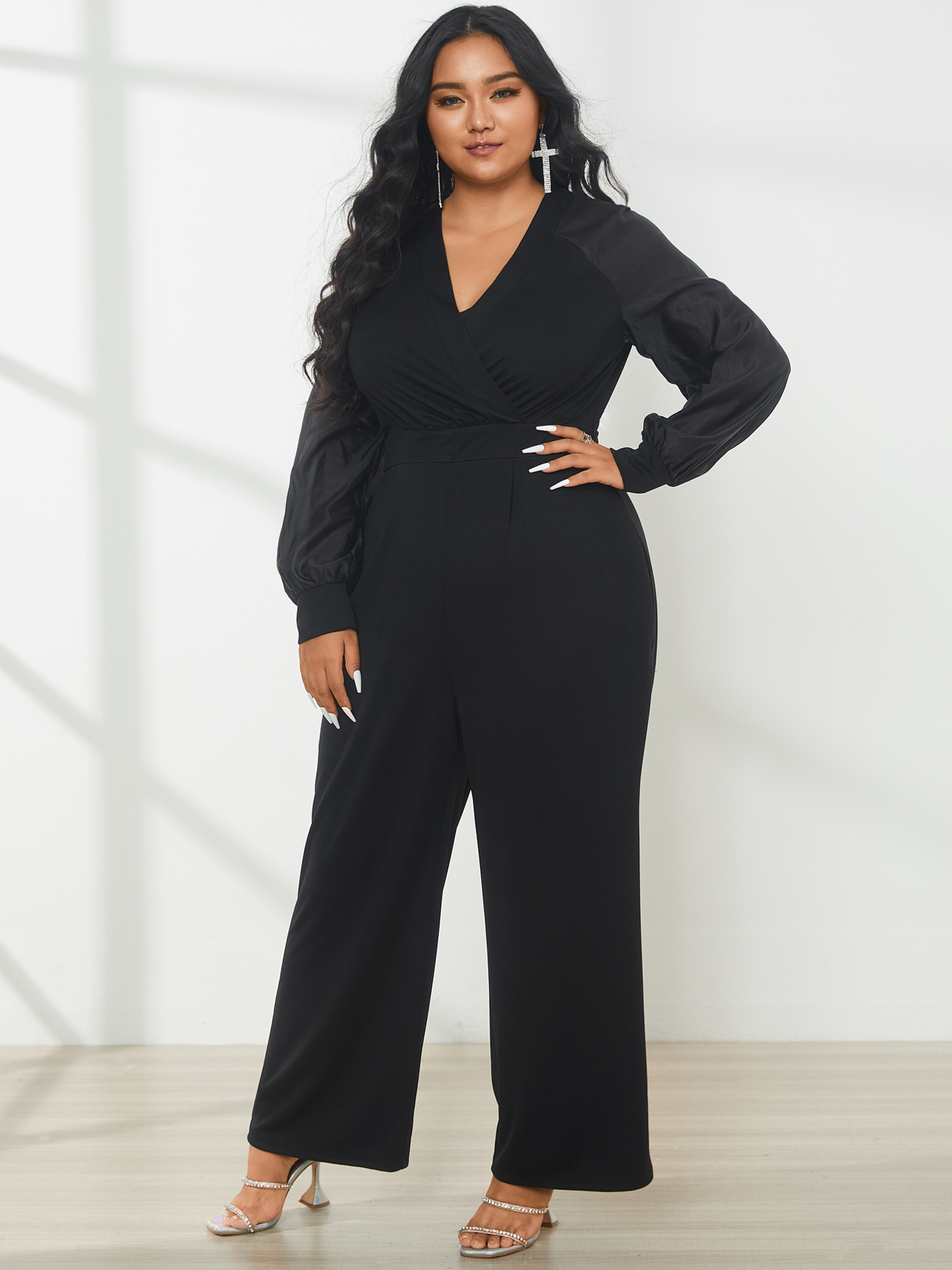 YOINS Plus Size V-neck Wrap Design Wide Leg Long Sleeves Jumpsuit