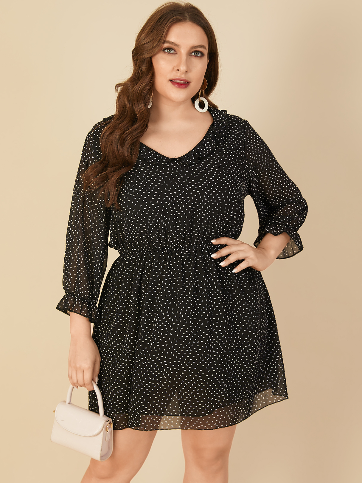 Plus Size V-neck Polka Dot Elastic Strap Long Sleeves Mini Dress