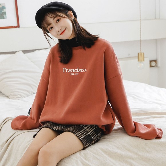 Seoulflash - Round-Neck Brushed Fleece Lettering Pullover - White/One Size