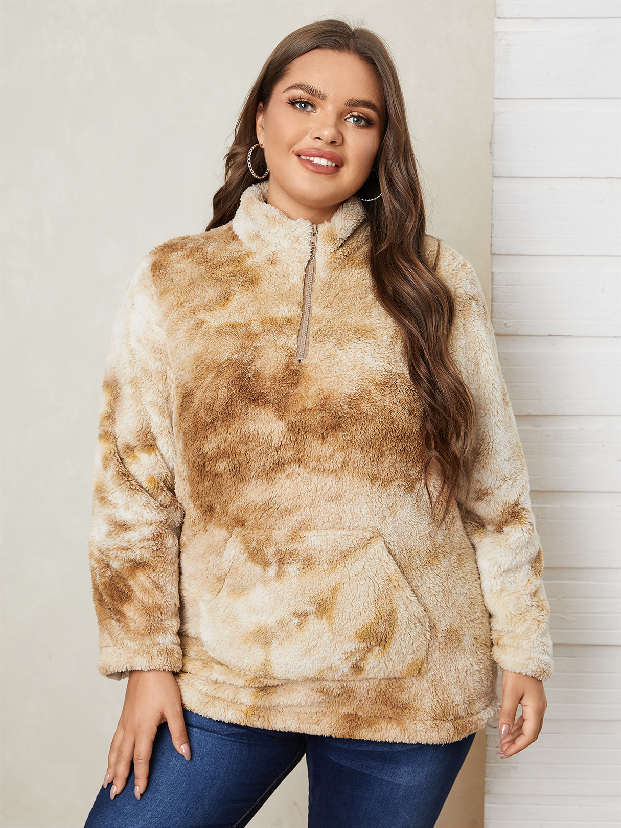 Plus Size Stand Collar Zip Front Pocket Sweatshirt