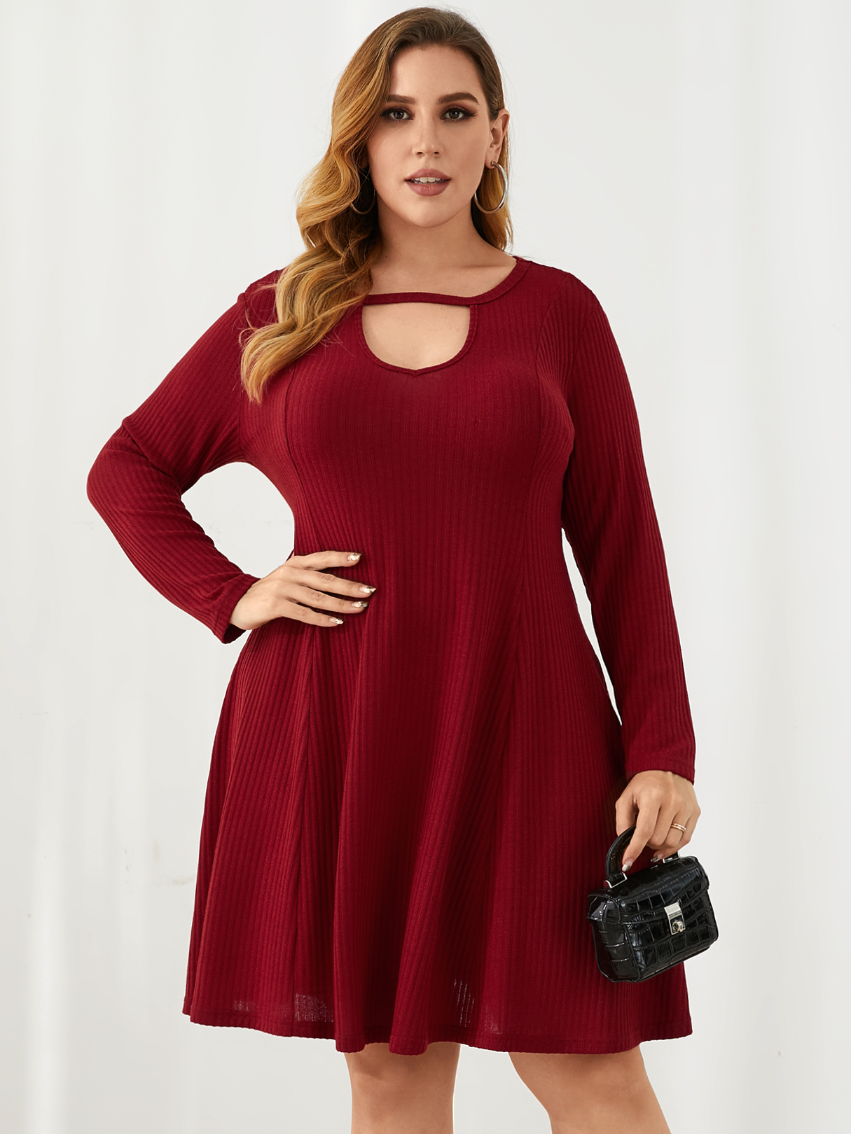 YOINS Plus Size Round Neck Cut Out Backless Design Long Sleeves Midi Dress
