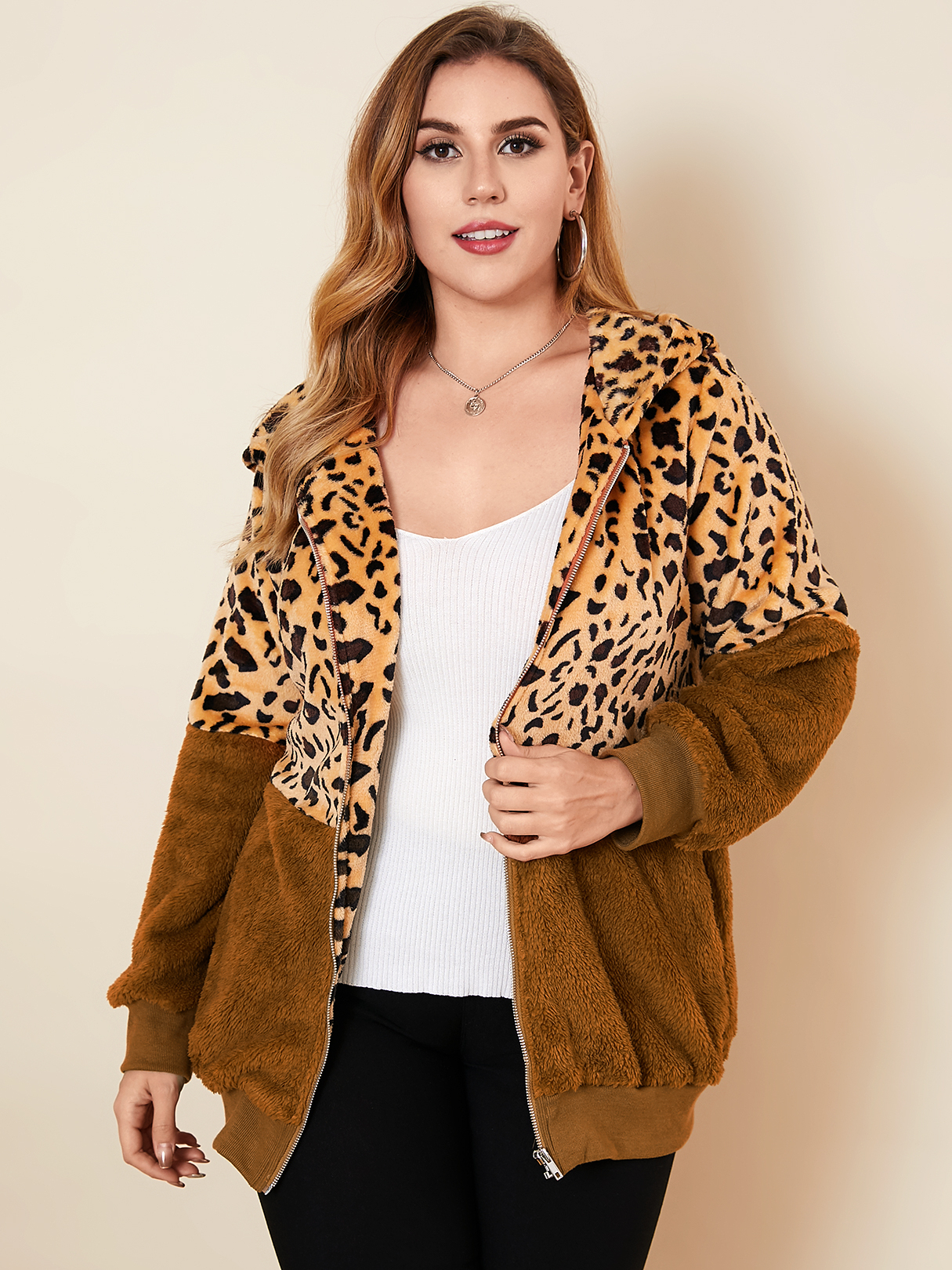 YOINS Plus Size Leopard Patchwork Side Pockets Hooded Design Long Sleeves Coat