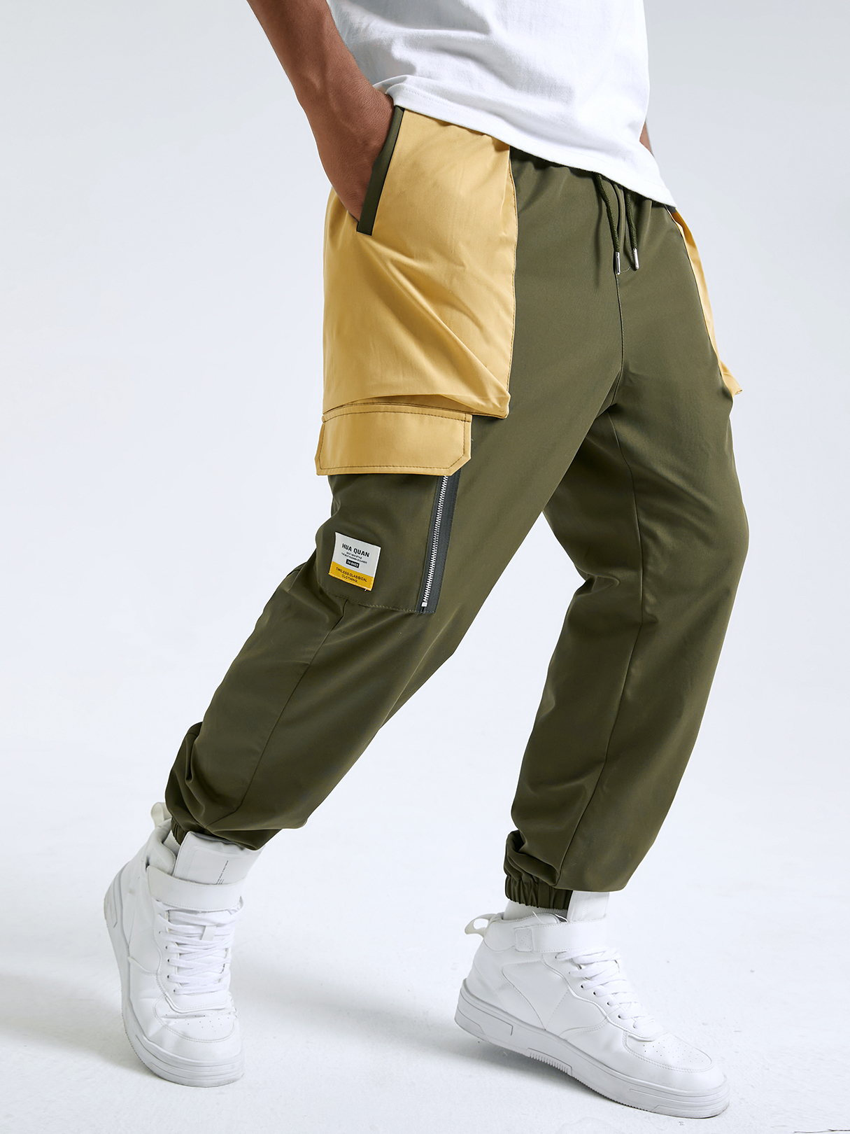 Men Fashion Color Block Splicing Flap Pocket Cargo Pants