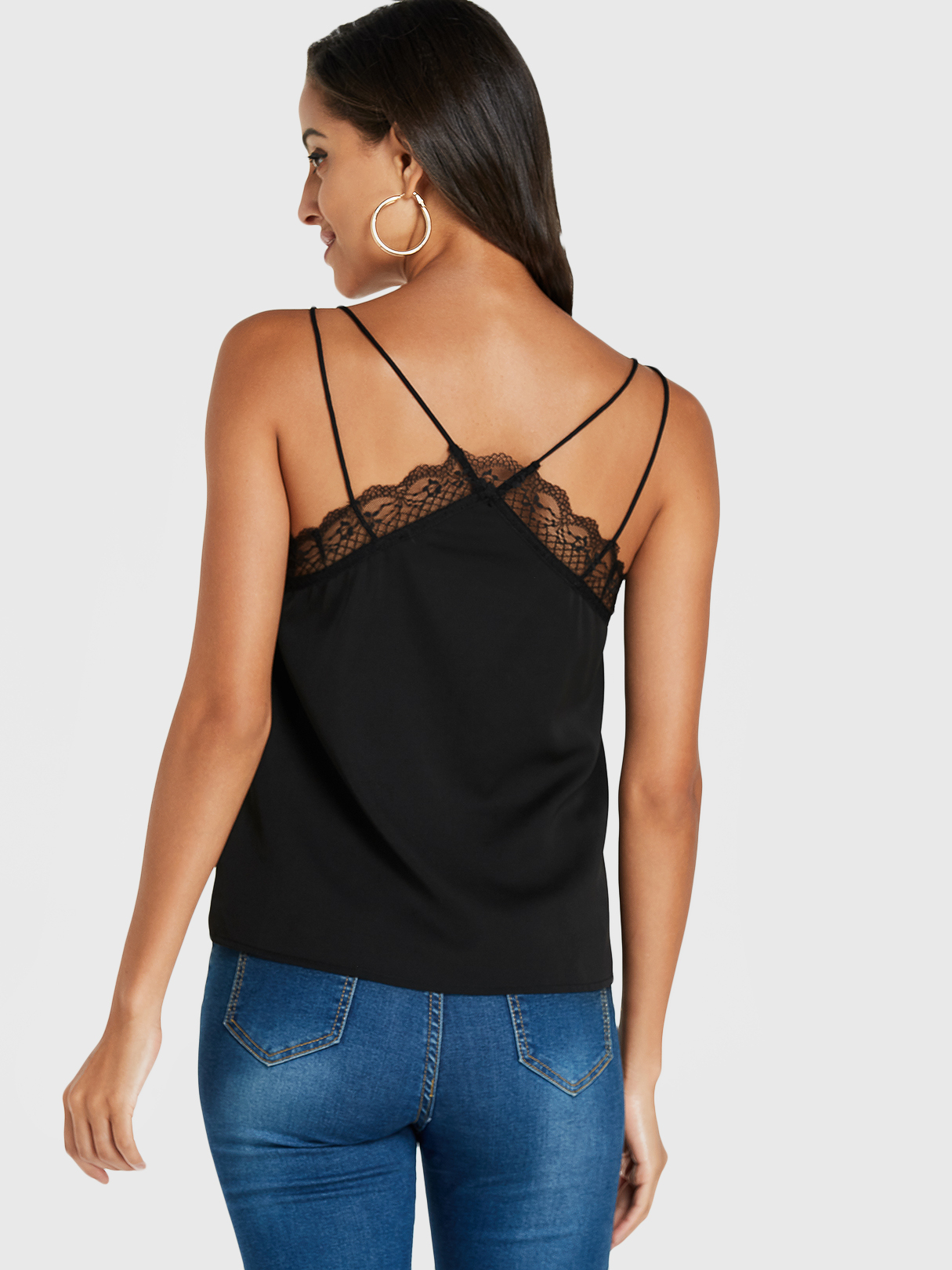 YOINS Black Criss-cross Lace Trim V-neck Cami