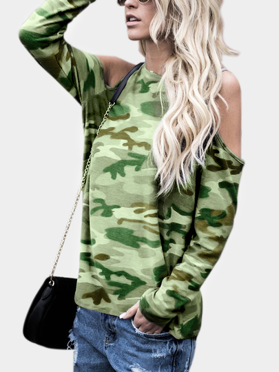 Camouflage Cold Shoulder Long Sleeves T-shirt
