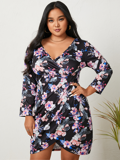 YOINS Plus Size V-neck Floral Print Wrap Design Long Sleeves Mini Dress