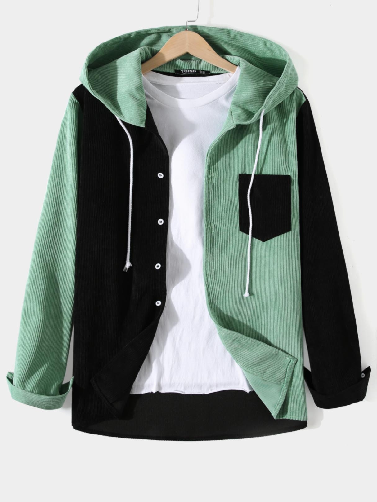 Men Color Block Patchwork Button Design Hooded Drawstring Shirt