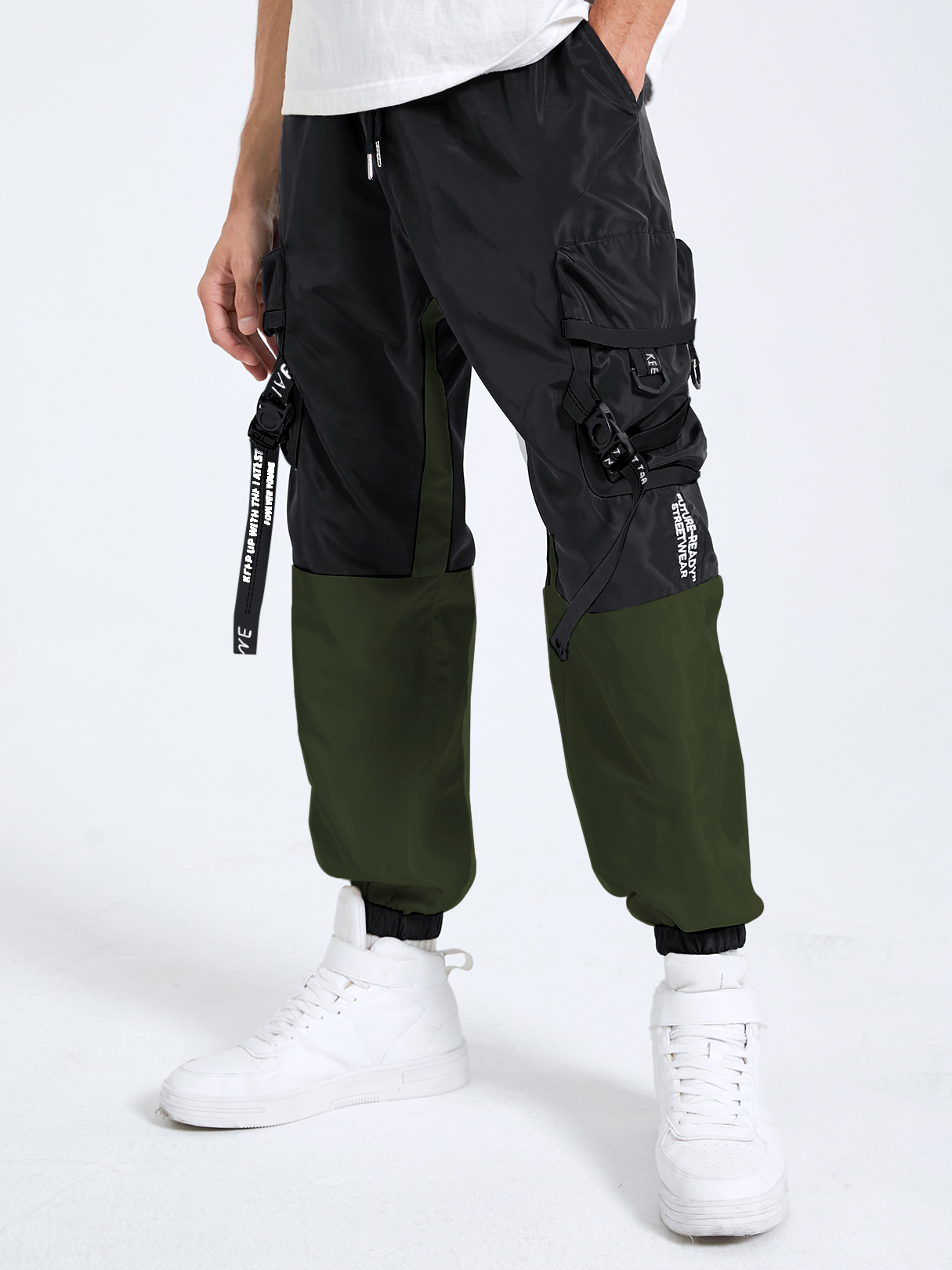 Men Color Block Patchwork Ribbon Design Drawstring Waist Cargo Pants
