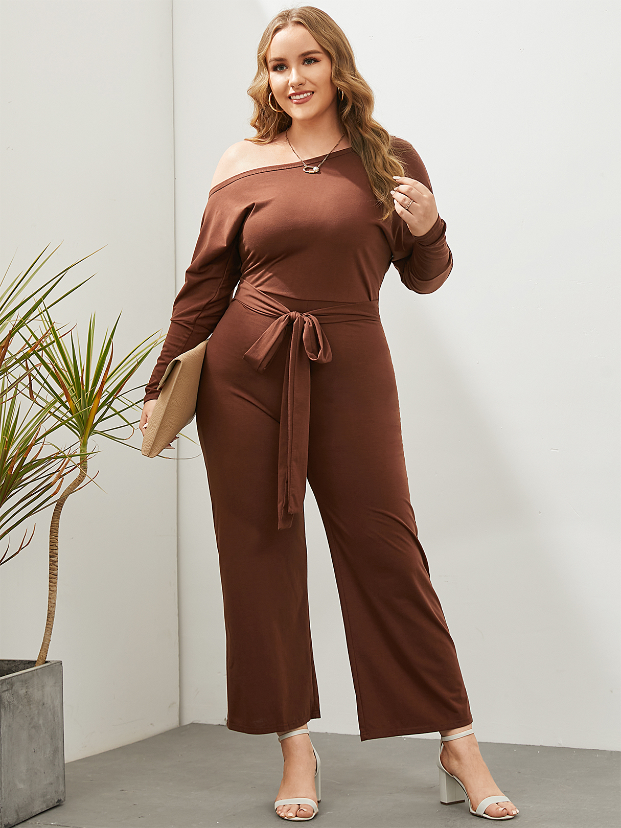Plus Size One Shoulder Belt Design Jumpsuit