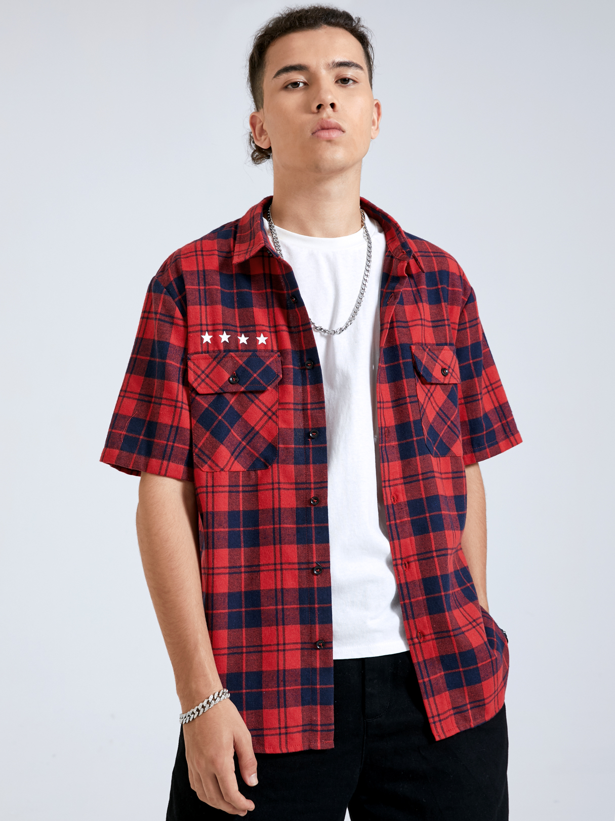 Men Fashion Letter Plaid Shirt
