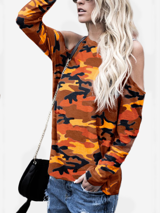 Orange Red Camouflage Round Neck Cold Shoulder Long Sleeves T-shirt
