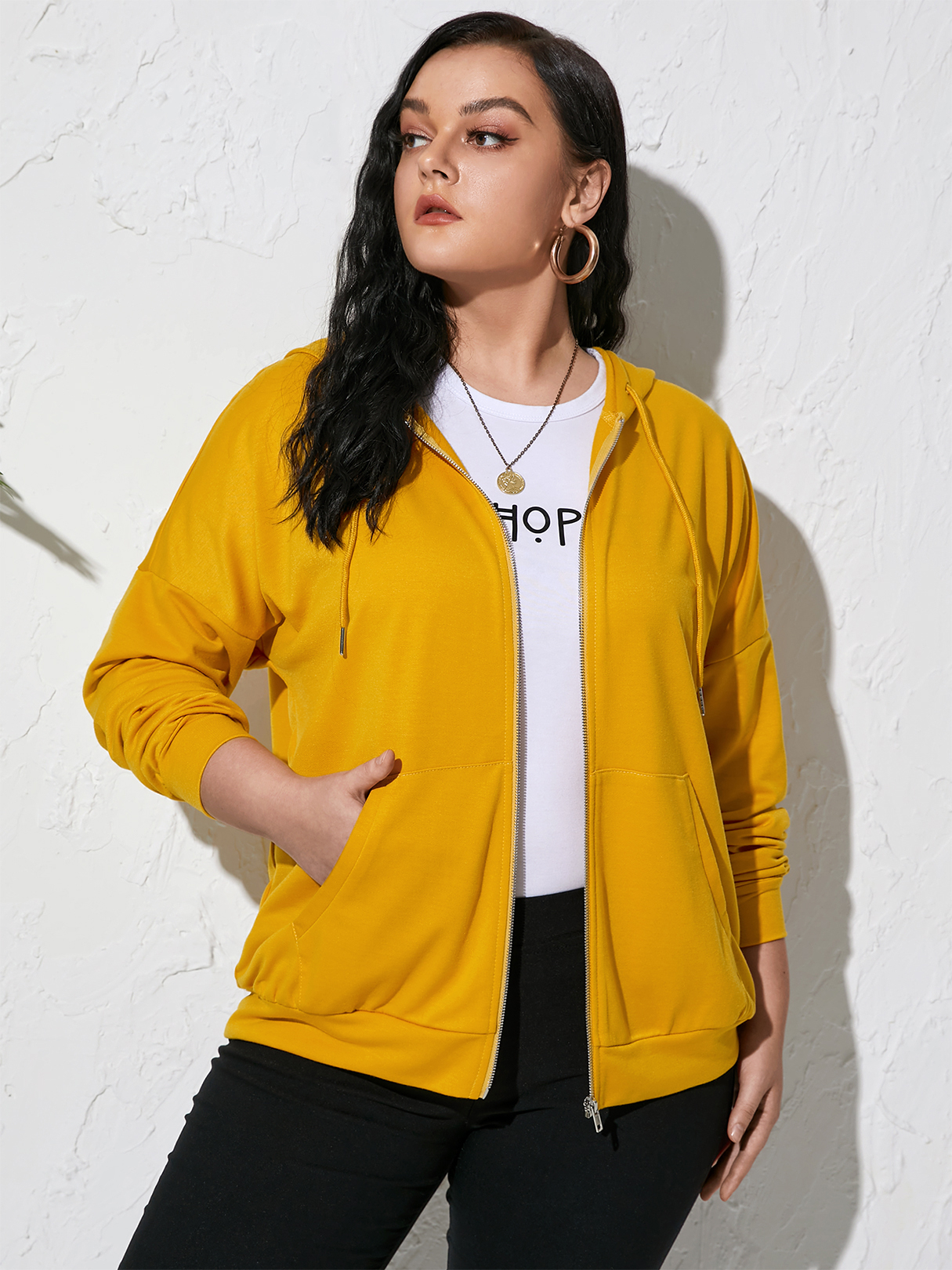 YOINS Plus Size Hooded Drawstring Zip Front Long Sleeves Sweatshirt
