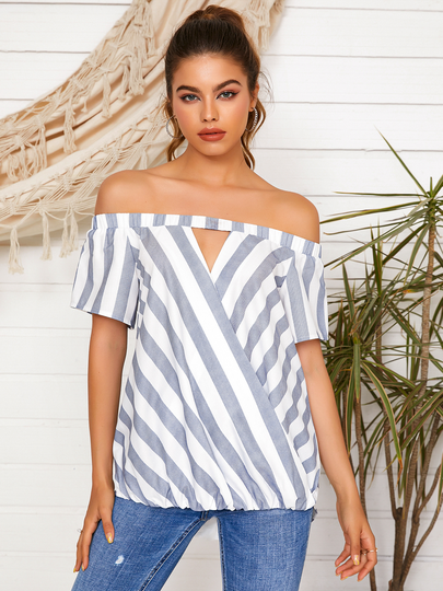 YOINS Striped Crossed Front Design Off The Shoulder Short Sleeves Blouse
