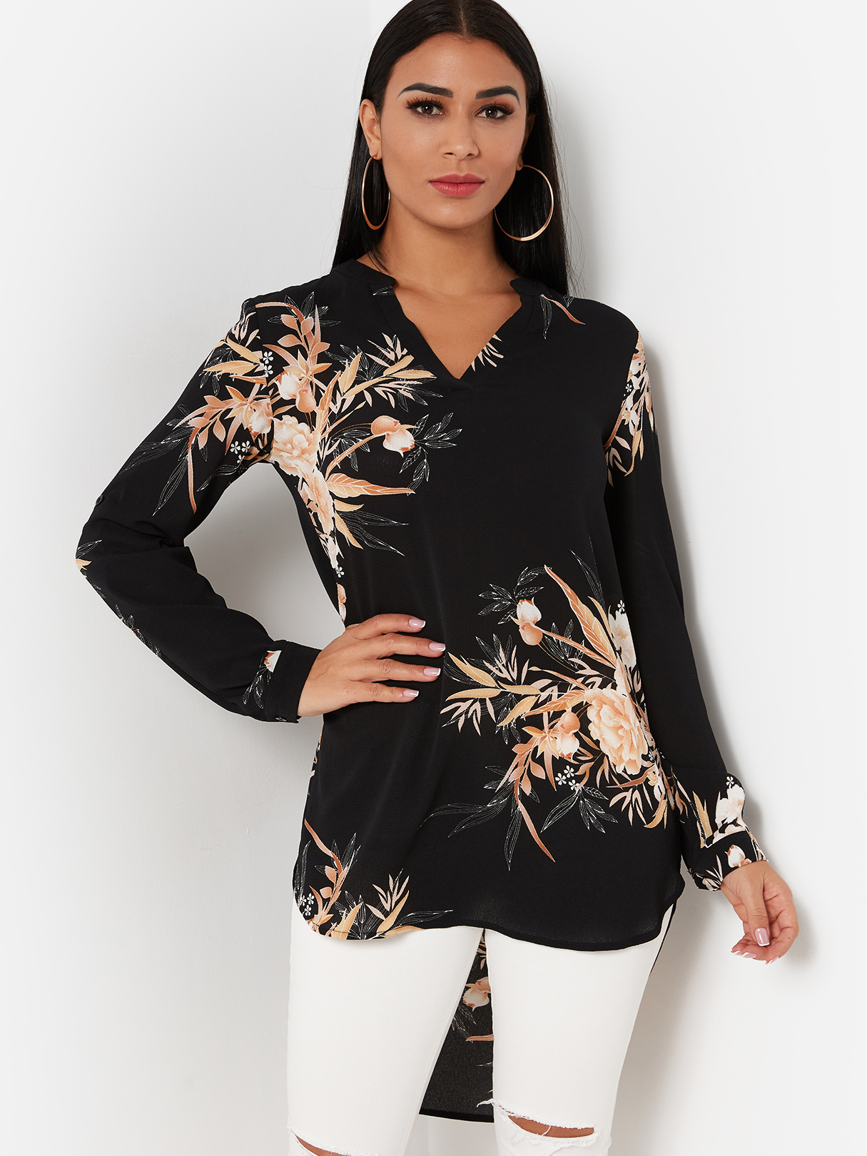 Black Slit Design Random Floral Print Blouse