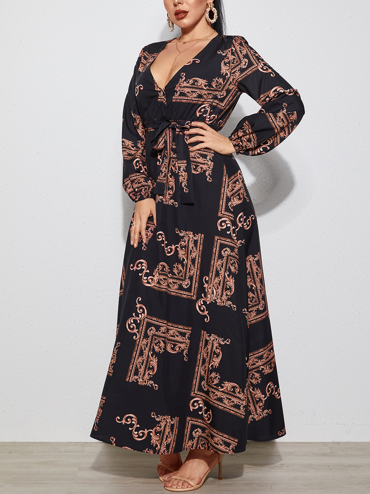 YOINS Black Scarf Print Belted Tie-up Deep V Neck Long Sleeves Dress