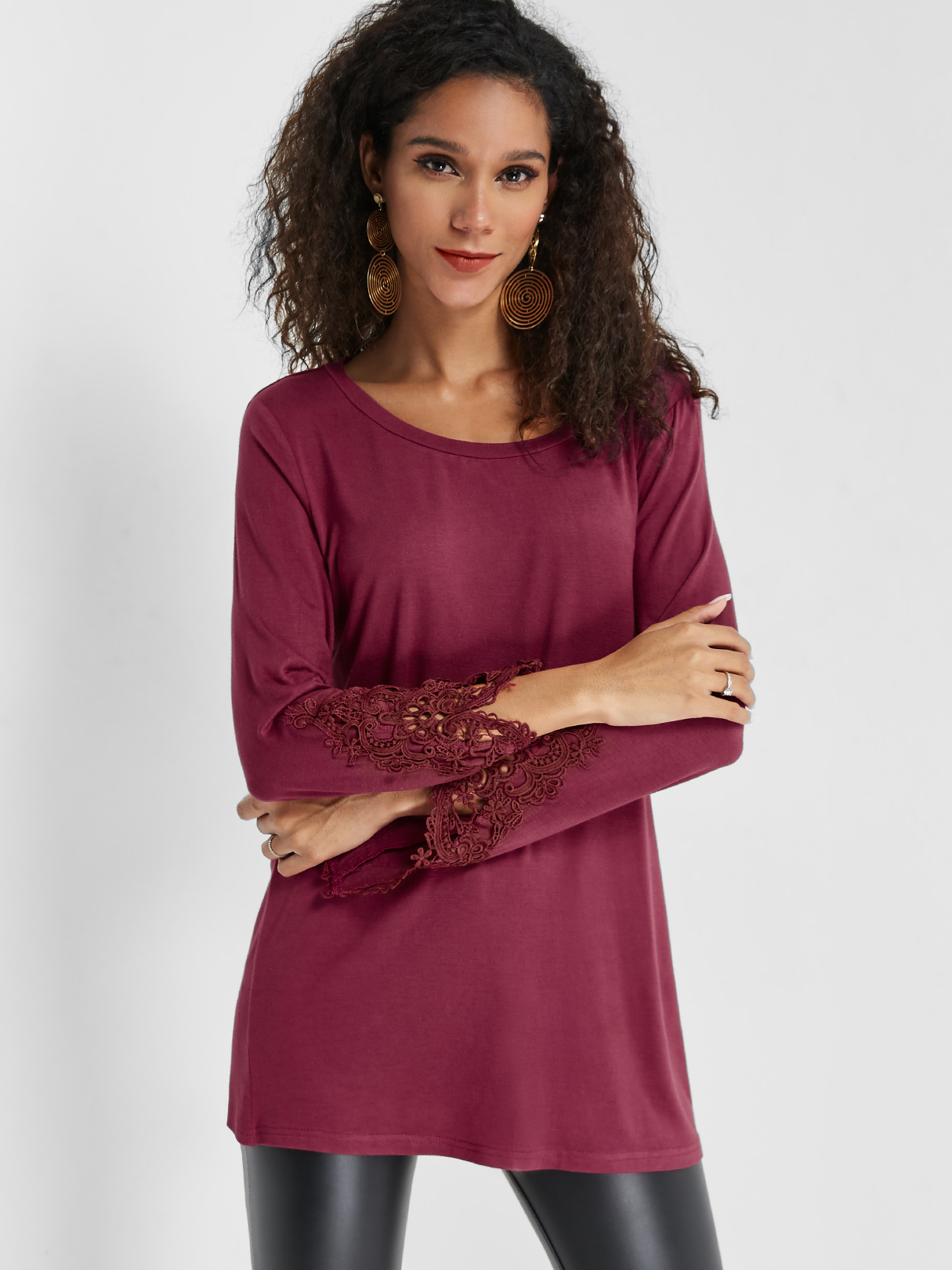 Rust Round Neck Lace Insert Sleeves Top