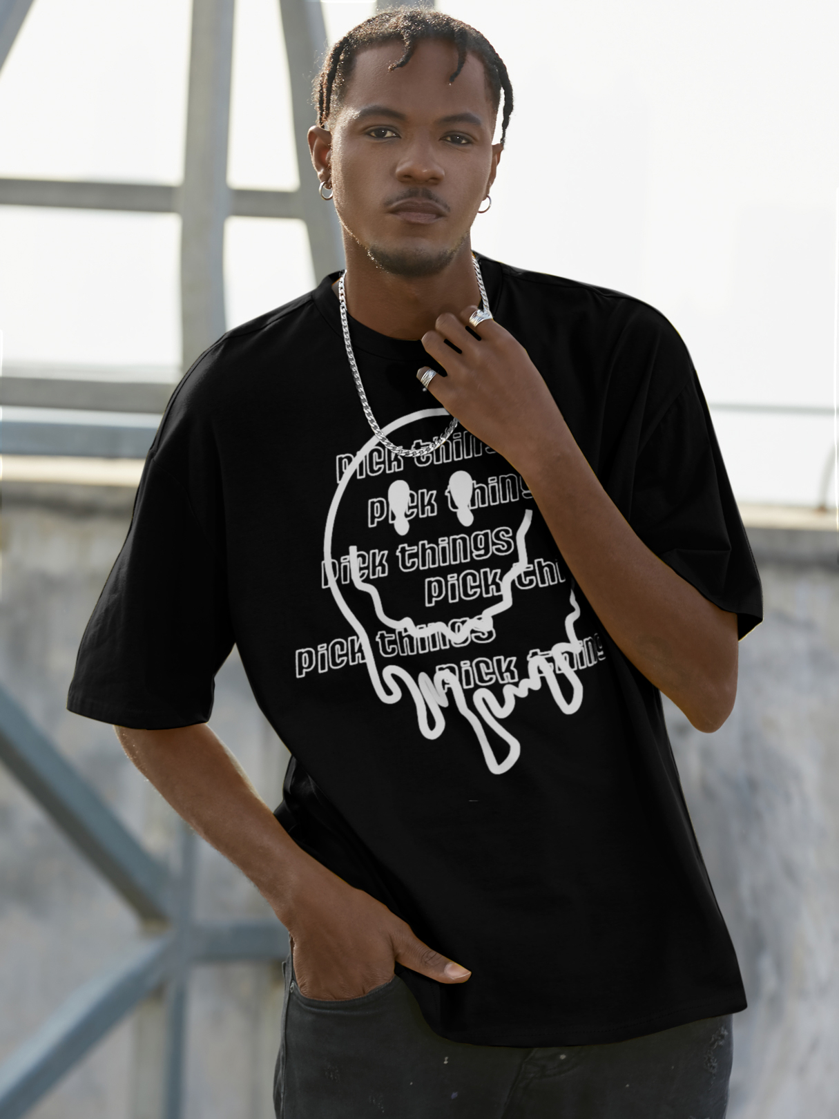KOYYE Men Casual Graphic Letter Smile Print T-Shirt
