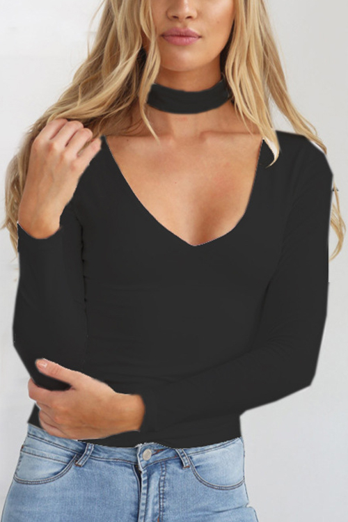 Black Sexy Halter V-neck T-shirt