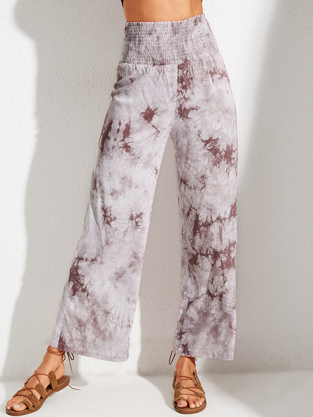 YOINS Coffee Tie Dye Shirring High-Waisted Pants