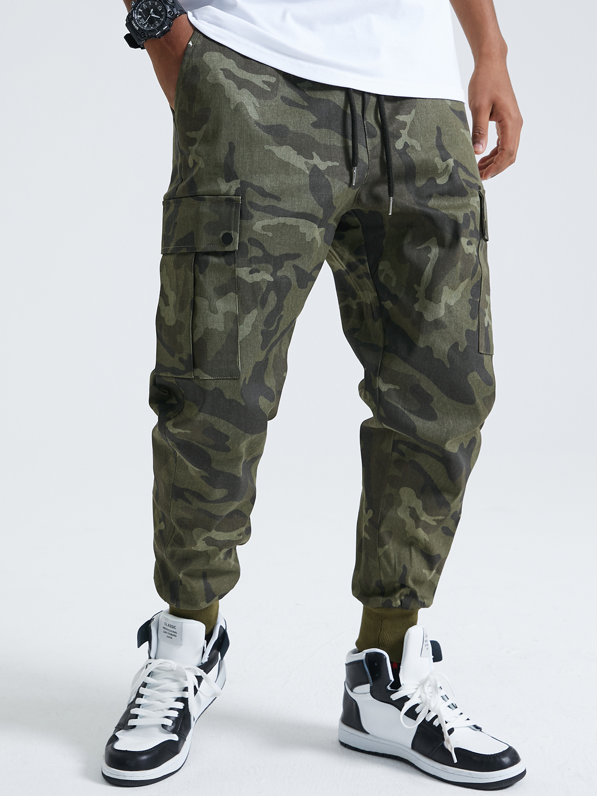 KOYYE Men Cool Fashion Camo Print Drawstring Cargo Pants