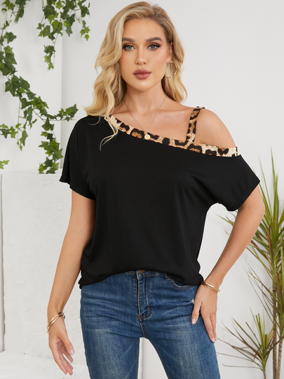 YOINS Leopard Patchwork One Shoulder Short Sleeves Tee