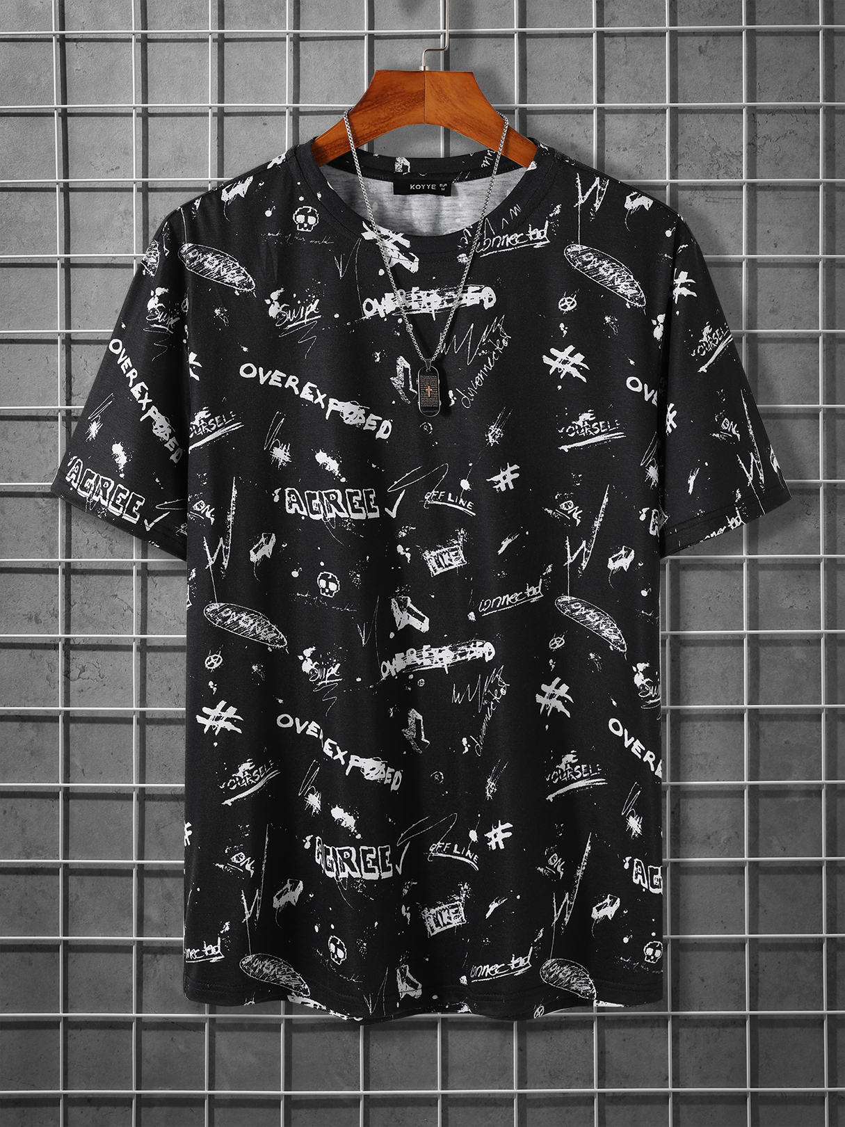 KOYYE Men Letter Graffiti All Over Print T-Shirt