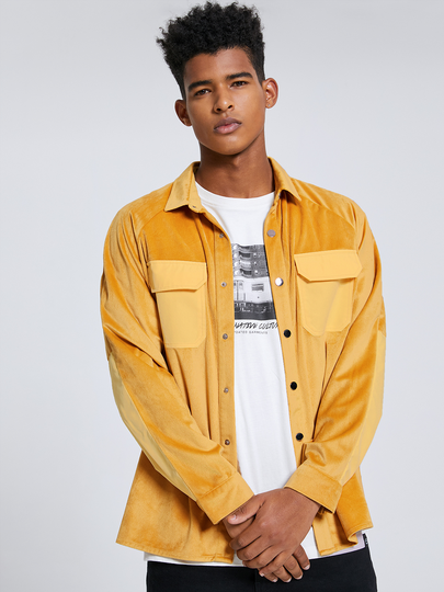 Men Casual Corduroy Color Block Patchwork Button Front Shirt