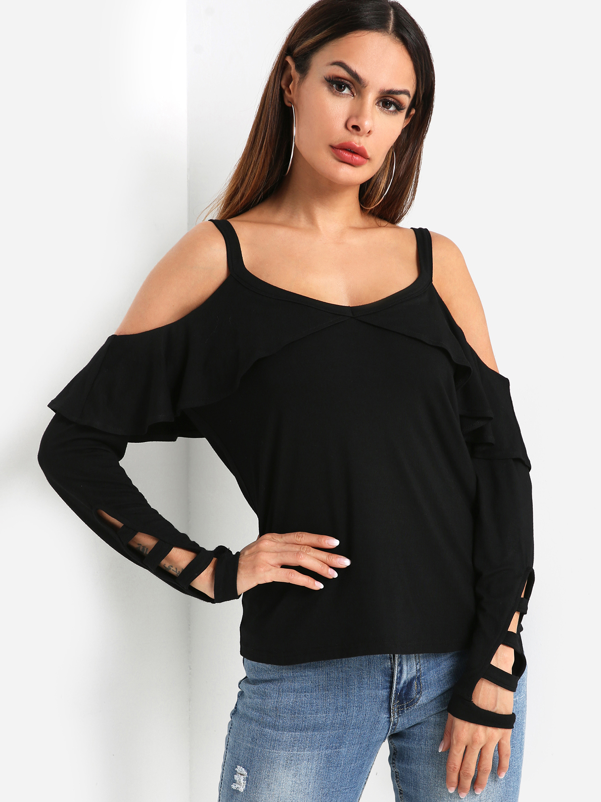 Black Off-The-Shoulder Ruffle Overlay Cutout Cold Shoulder Tees