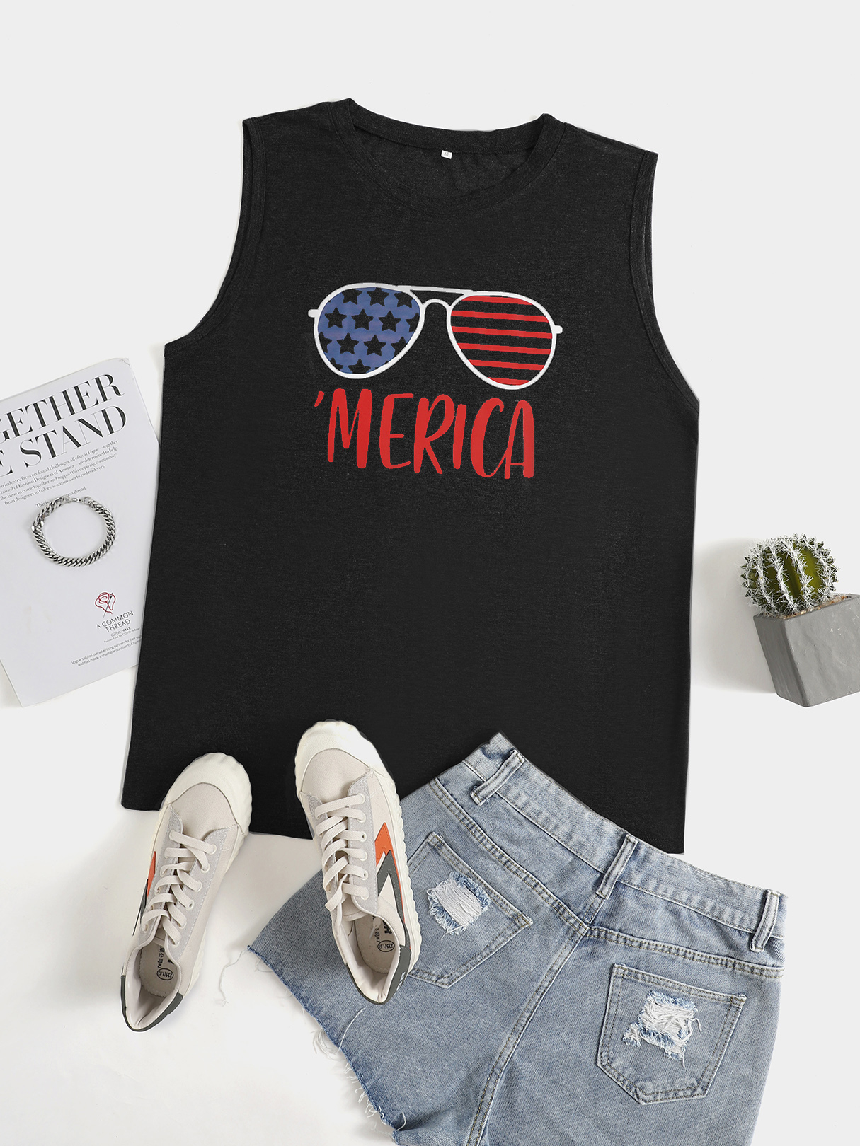 Plus Size Crew Neck Letter Independence Day Tank Top
