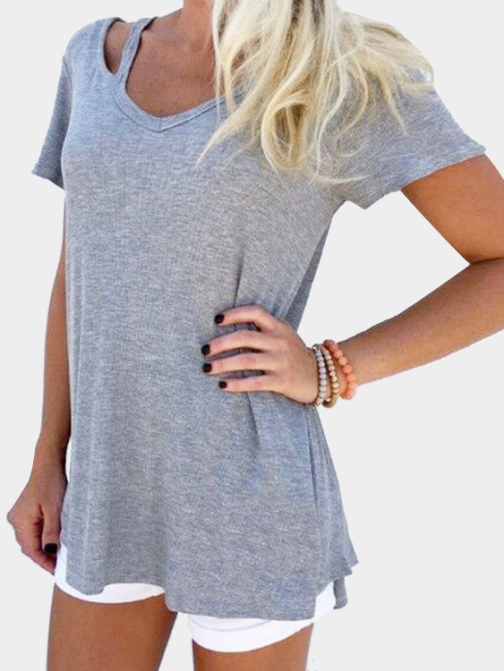 YOINS BASICS Grey V-neck Cut Out T-shirts