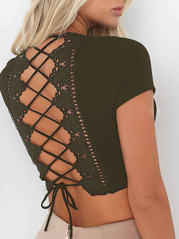 V-neck Criss-cross Back Crop Top in Army Green