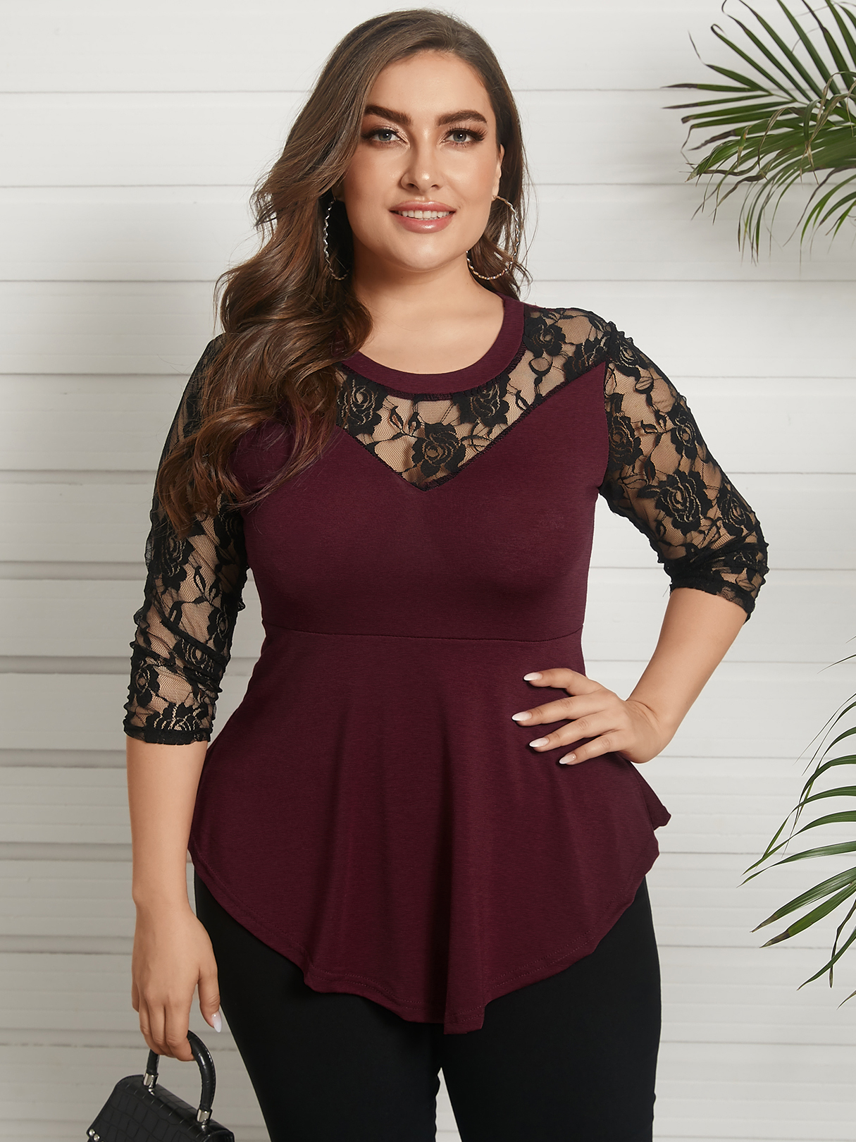 Plus Size Burgundy Round Neck Lace 3/4 Length Sleeves Blouse