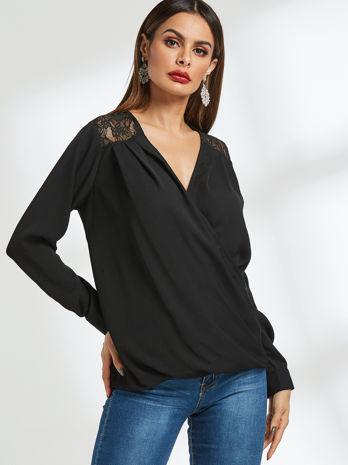 Black Lace Insert Cross Drapey Top