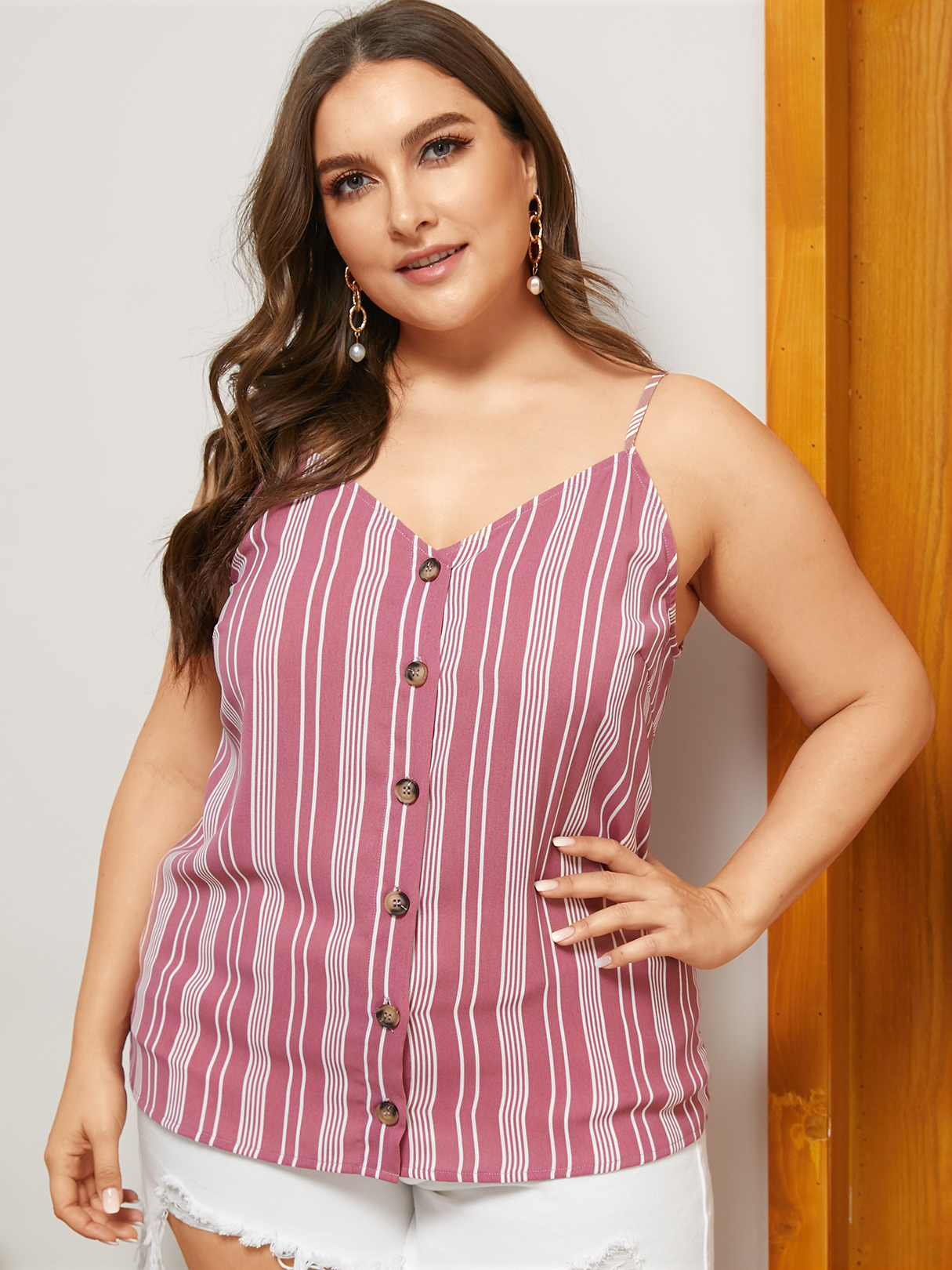 YOINS Plus Size Pink Button Design Striped V-neck Sleeveless Cami