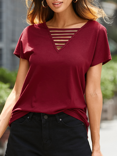 YOINS Hollow Design V-neck Short Sleeves Tee