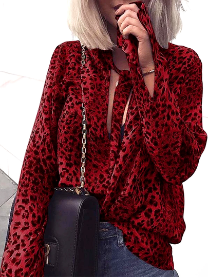 YOINS Burgundy Tie-up Neck Leopard Blouse