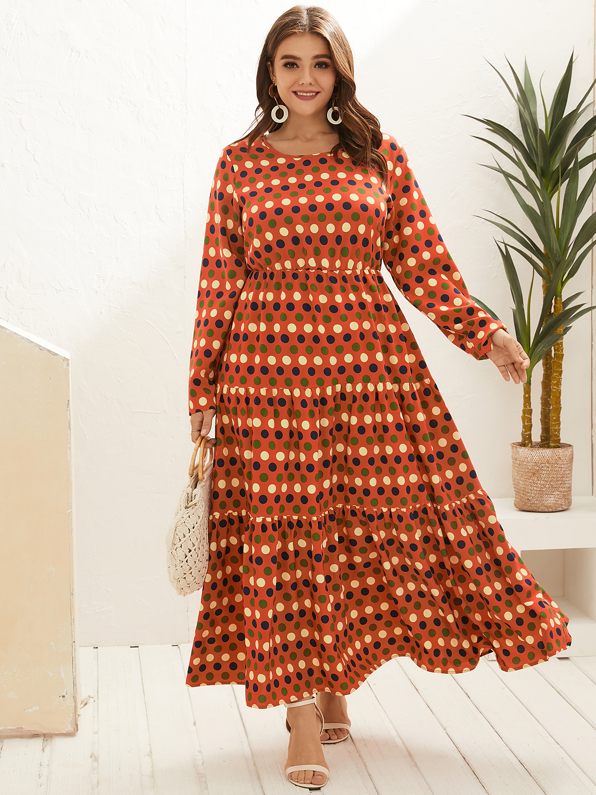 YOINS Plus Size Round Neck Polka Dot Long Sleeves Dress