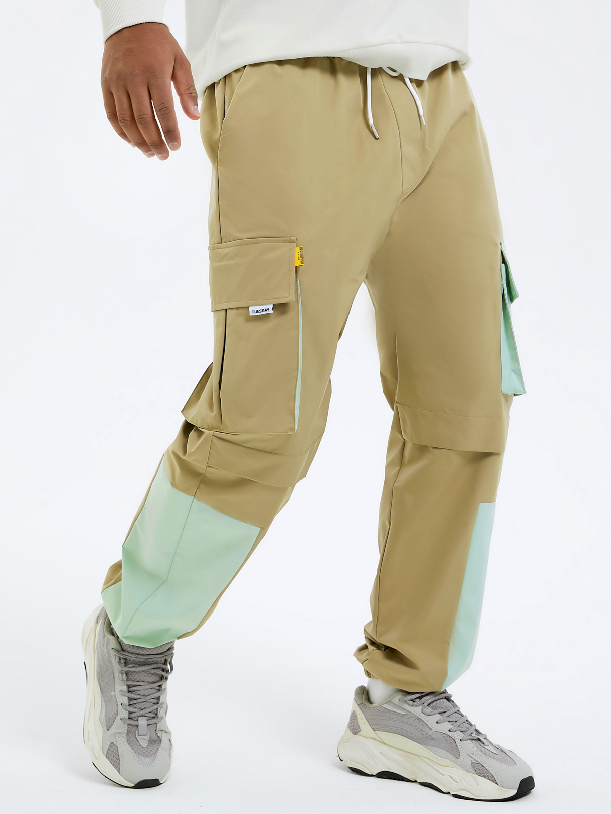 Men Fashion Color Block Splice Flap Pockets Drawstring Cargo Pants
