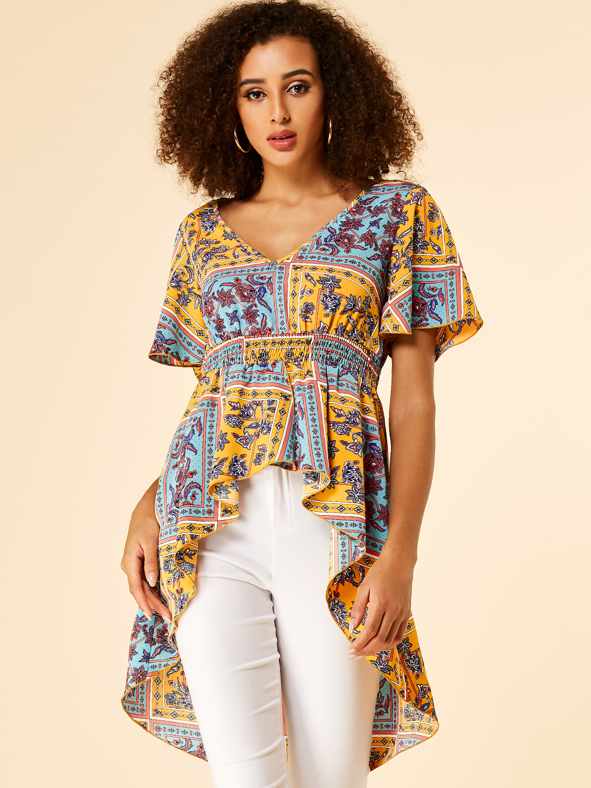 YOINS Tribal Print V-neck Stretch Waistband Blouse