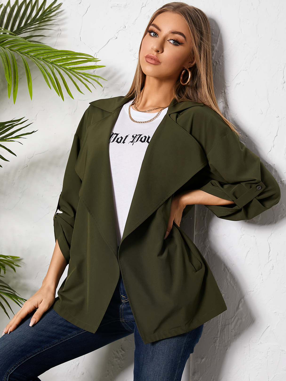 YOINS Pockets Design Notch Collar Adjuatable Sleeves Trench Coat