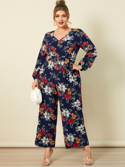 YOINS Plus Size V-neck Floral Print Wide Leg Belt Design Long Sleeves Jumpsuit