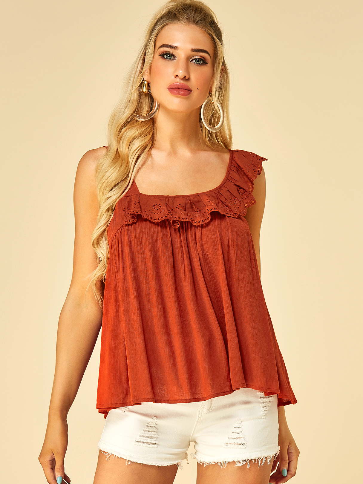 YOINS Brick Color Ruffle Trim Backless Knotted Vest