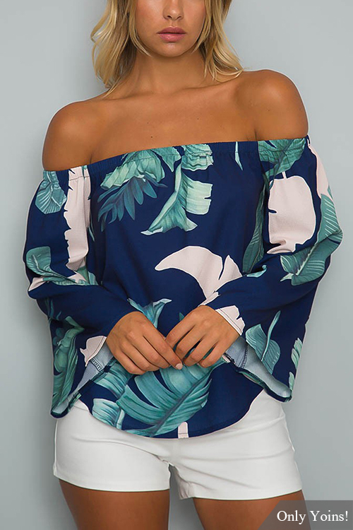 Navy Off-The-Shoulder Floral Print Flared Sleeves Top with Tie